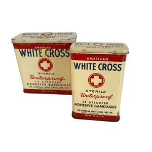 Set of 2 Vintage American White Cross Adhesive Bandage Tins Made in USA